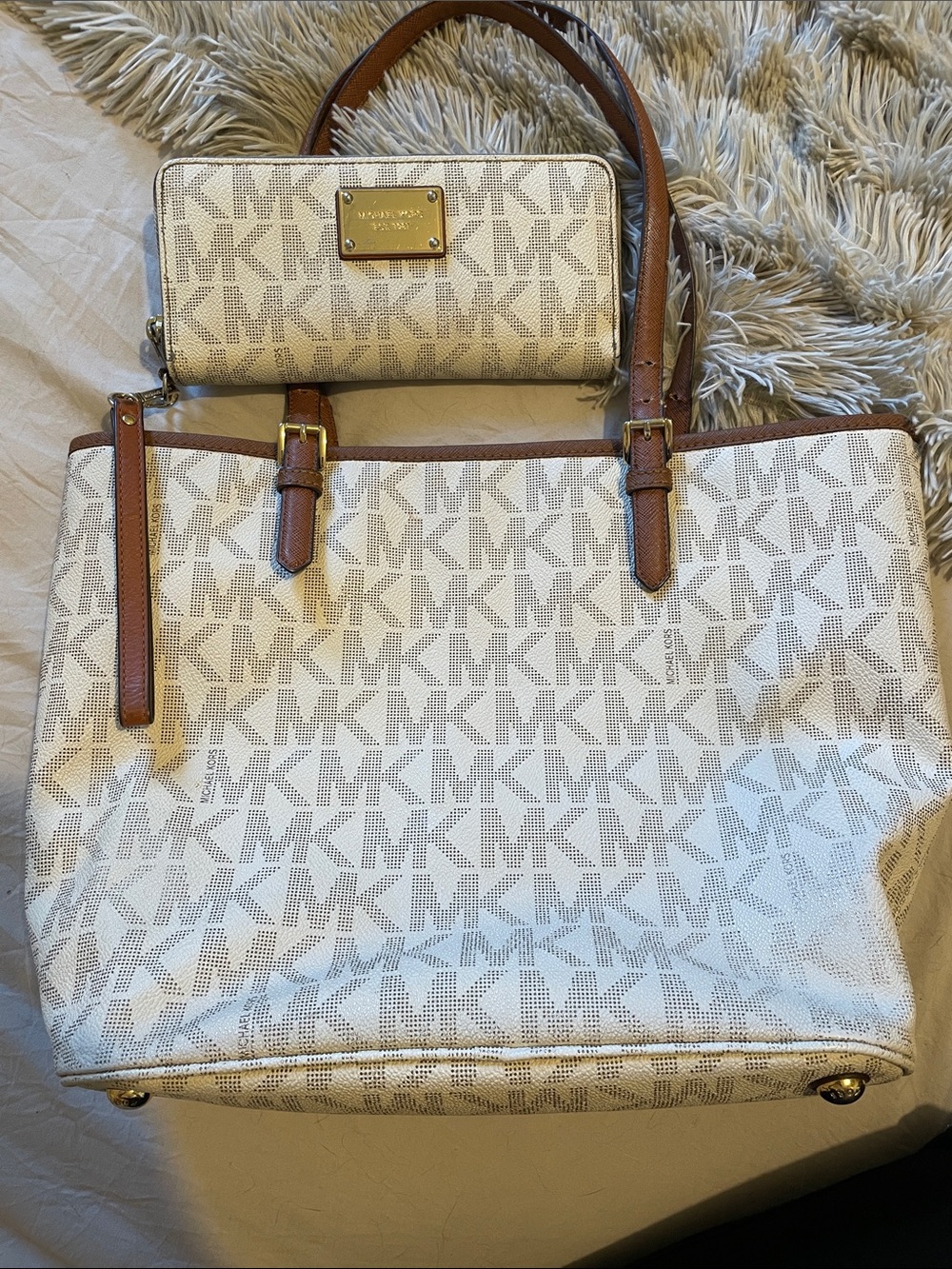 Michael Kors Cream Logo Tote with Brown Trim and Matching Wallet Set